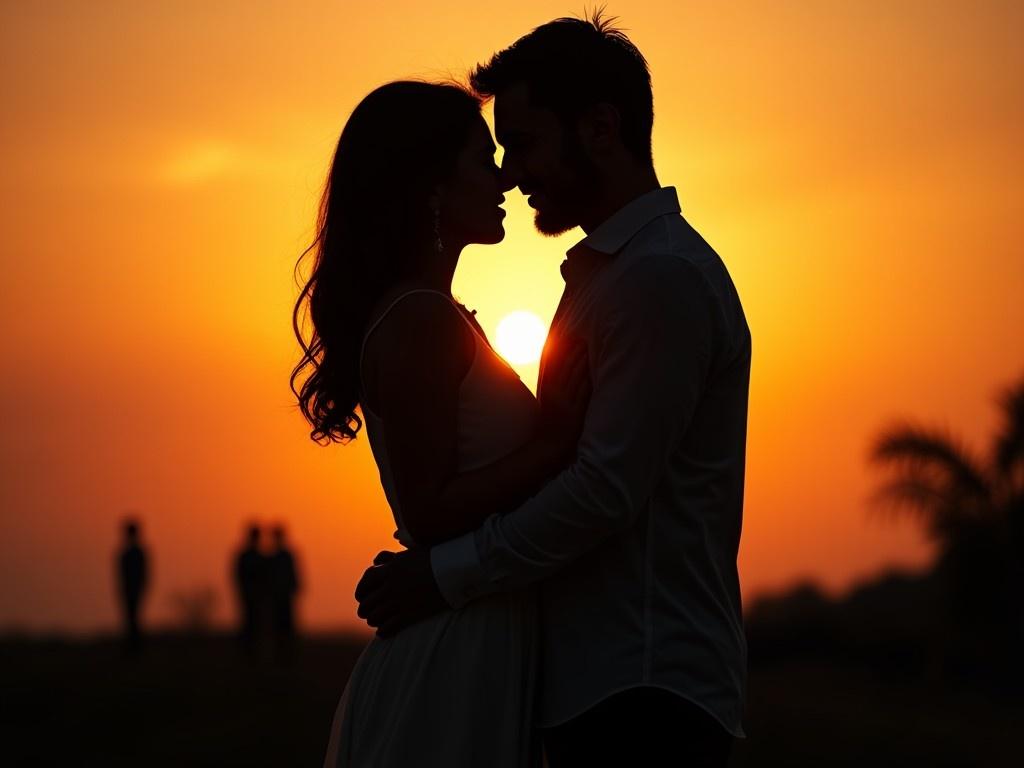 A couple stands close, their foreheads touching and lips almost meeting, silhouetted against a stunning sunset. The backdrop features vibrant hues of orange and yellow illuminating the sky. In the distance, shadowy figures are visible, adding depth to the scene. The couple exudes a feeling of love and intimacy, making it a perfect representation of romance. This enchanting moment captures the beauty of togetherness during twilight hours.