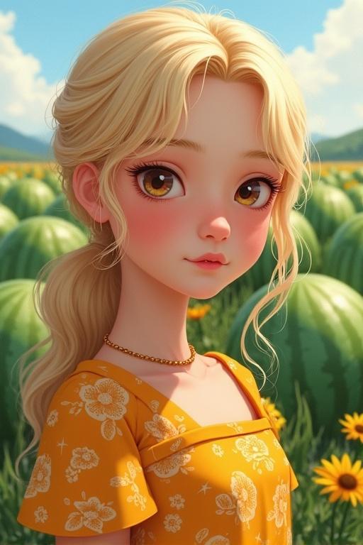 A young girl stands in a watermelon field. She has blonde hair with brown eyes. She wears a dress colored saffron yellow with floral patterns. The scene features a bright blue sky and green watermelons. Lighting is soft and colors are vibrant.