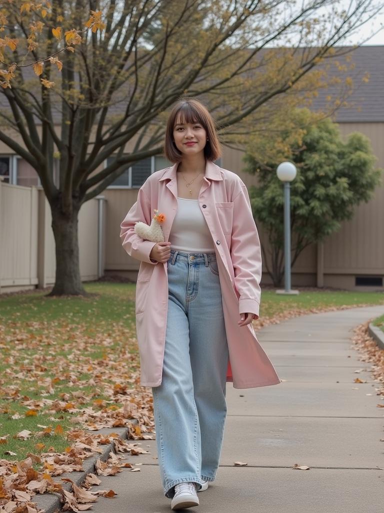 Woman wearing a pink coat and light blue jeans walks on a sidewalk. She holds a flower. Trees have autumn leaves. Prominent path with blurred background elements.