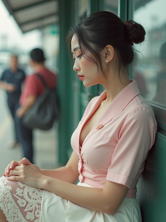A peaceful scene with a Chinese woman sitting cross-legged at a bus stop. She has tied wet hair and wears a white lace cream skirt and a light pink stewardess outfit. Her blouse is unbuttoned. Her eyes are closed with a serene expression on her face. The overall atmosphere is tranquil and intimate. The shot captures her full body. It features overexposed flash photography with visible lens dust and film grain for a nostalgic feel.