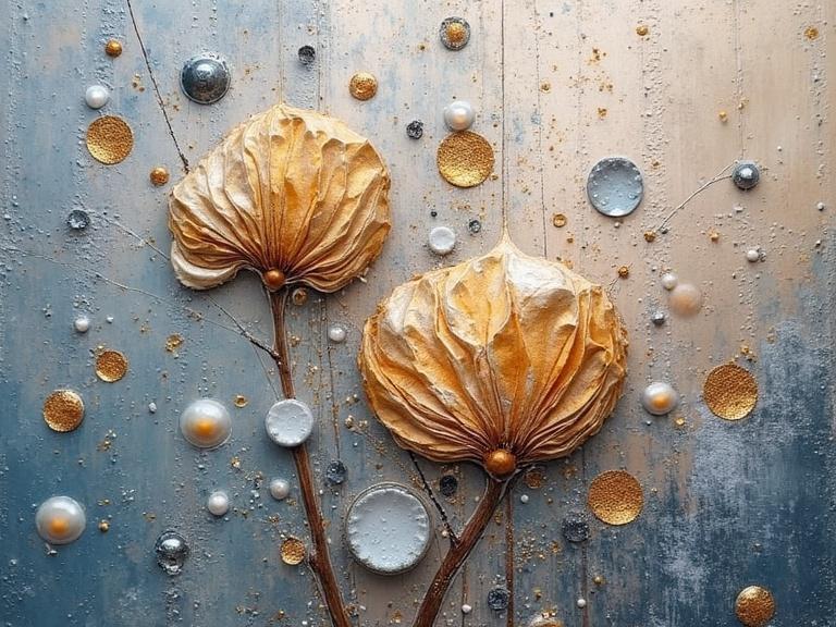 Collage featuring textured flowers in gold and silver tones. Mixed media elements created with newspaper, jute fibres, wood, sand, and glitter. Close-up view highlighting impasto techniques and layered textures with soft lighting.