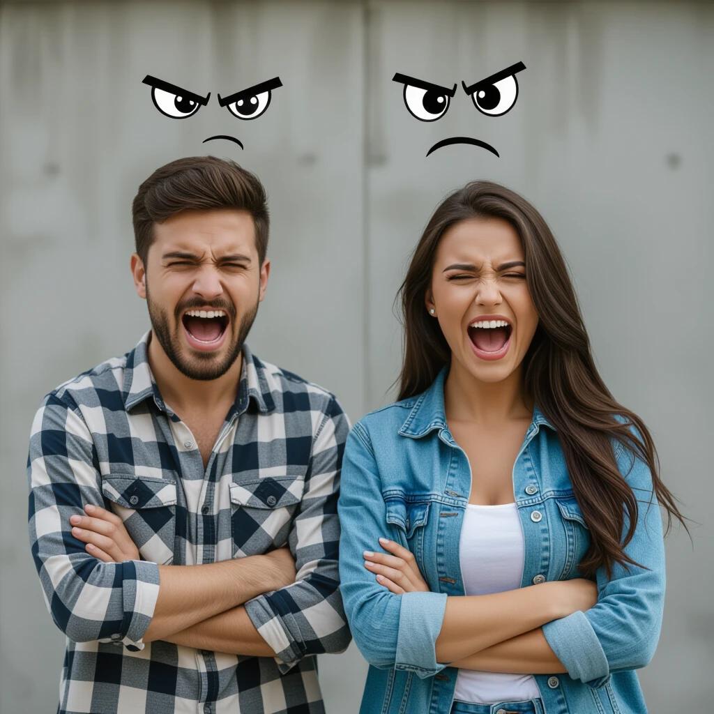 Two individuals standing with crossed arms and angry expressions. Male wearing a black and white checkered shirt. Female wearing a denim jacket. Background is plain and neutral colored.
