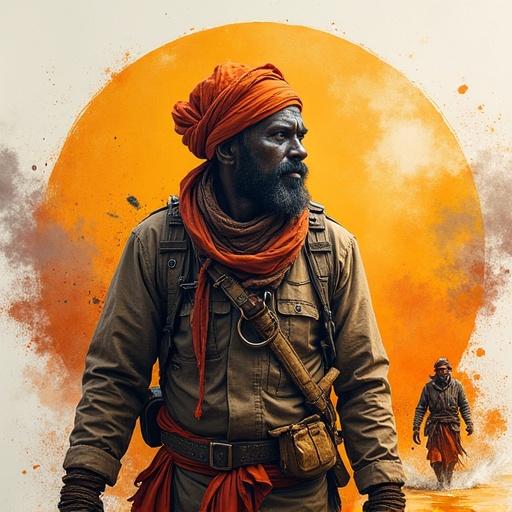 Adventure portrait showcasing a figure with outdoor gear against a vibrant saffron and orange landscape. Evokes a sense of exploration and culture.