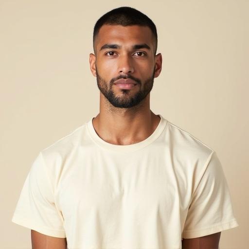 High resolution photorealistic portrait of a male wearing a plain cream-colored T-shirt. Full frontal view with clean-shaven face and neutral expression. Subject looking directly into the camera with natural skin texture. Well-lit with soft and even lighting. Simple solid background. Clean and minimalistic composition.