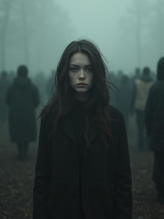 Portrait of a beautiful girl alone in an anonymous crowd. Dark and surreal atmosphere. Negative space is utilized. Art style reminiscent of Leszek Bujnowski. Mood of damage and loss. Meticulously composed fine art.
