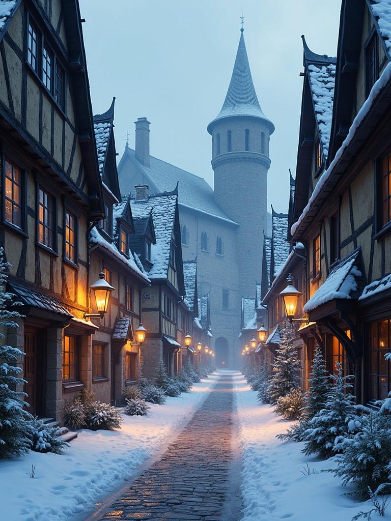 View of a medieval town street in winter. Snow covers the ground and rooftops. Lanterns illuminate the pathway leading toward a castle. Highly detailed scene. Twilight atmosphere.