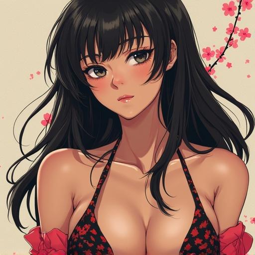 Anime woman depicted with delicate features and dark hair. Character displays a confident and alluring expression. The style resembles that of Yoshiaki Kawajiri with intricate details. The character is in a stylized pose, featuring engaging colors and shading techniques.