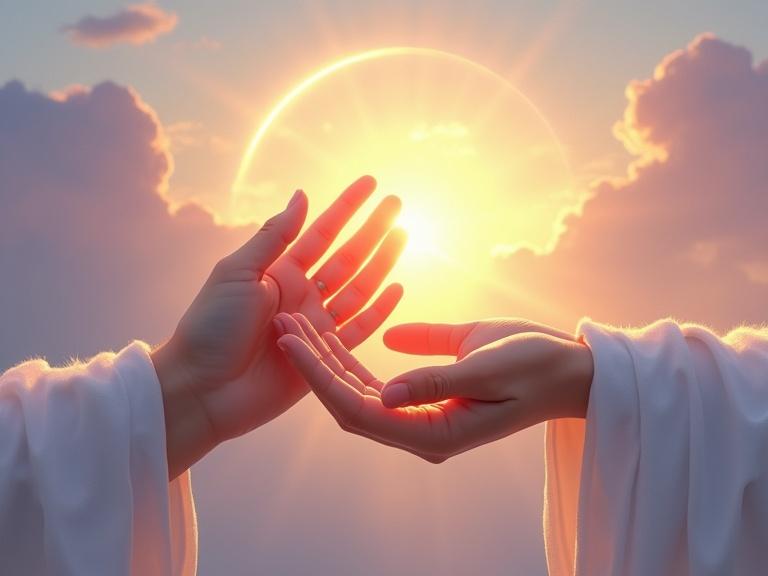 Hyper-realistic ethereal digital painting of two hands in a prayer gesture one hand supporting the other illuminated by a golden sun background. Skin tones soft and lifelike visible textures emerge from white flowing sleeves. Background features soft morning blues to rich purples and pinks with swirling clouds. Conveys peace reverence and divine connection.