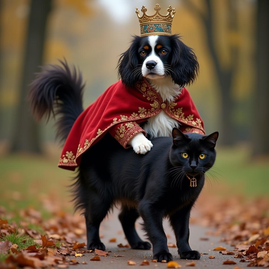 King Charles Spaniel wears a crown and cape while riding a black cat in an autumn setting.