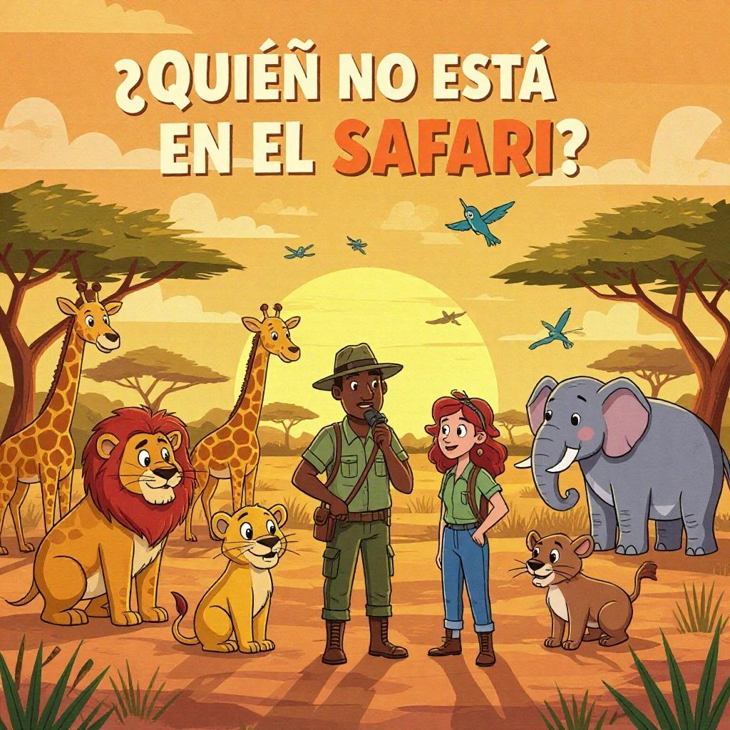 Create a colorful cartoon puzzle titled in Spanish: '¿QUIÉN NO ESTÁ EN EL SAFARI?'. Show a vibrant African savanna at sunset with wild animals like giraffes, lions and elephants. In the center, a confused safari guide appears. Two characters are among the animals; one is a false animal (like a human in a disguise). Use warm tones and playful 3D letters for the title.
