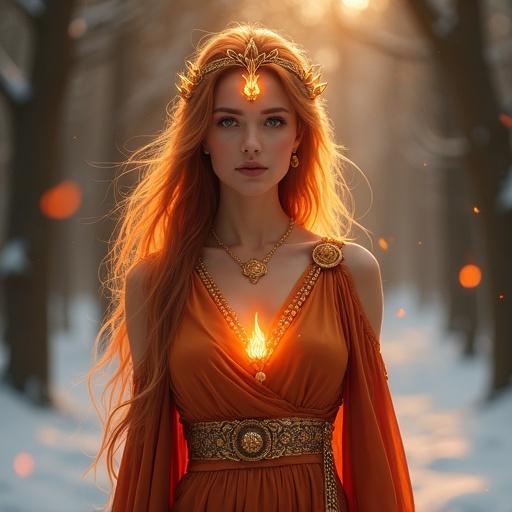 Mature female fire spirit stands calmly with ember-orange glowing eyes. Soft facial contours with flickering flame on forehead. Hair resembles golden and amber flames. Wears golden tiara like a hearth. Robe is platinum and crimson, asymmetrical at back. Shoulder exposed, giving regal appearance. Adorned with gold and amber jewelry. Aura of flames wraps around body. Background features snowy mystical forest, scene is majestic and radiant.