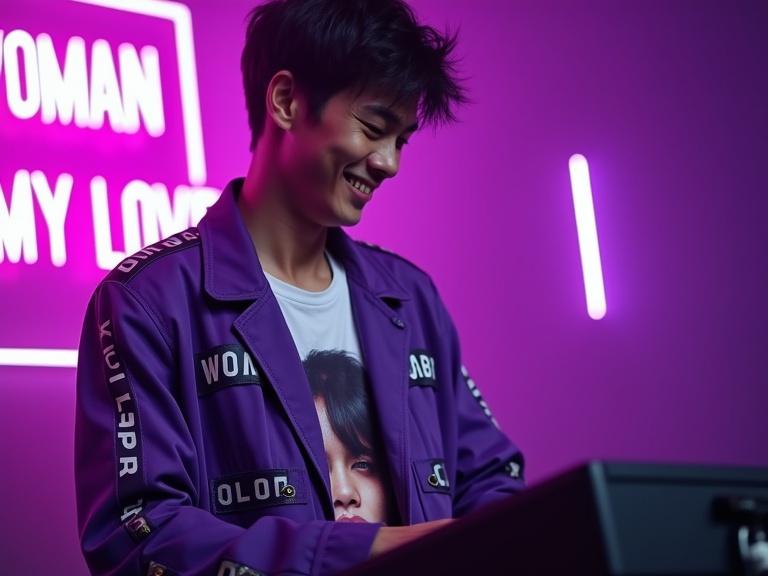Lively scene featuring a smiling male keyboardist performing on stage. Young man 20s Indonesian with short fine black hair. Stylish purple jacket with 'ROCK' text. White t-shirt with artistic face print. Confidently playing Kawai ES120 keyboard. Background with vibrant purple neon lights and 'OH MY LOVE' text.