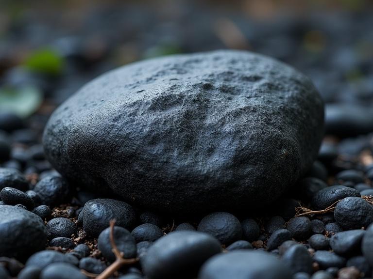 Black rock in a full frame close-up shot on a bed of smaller rocks.