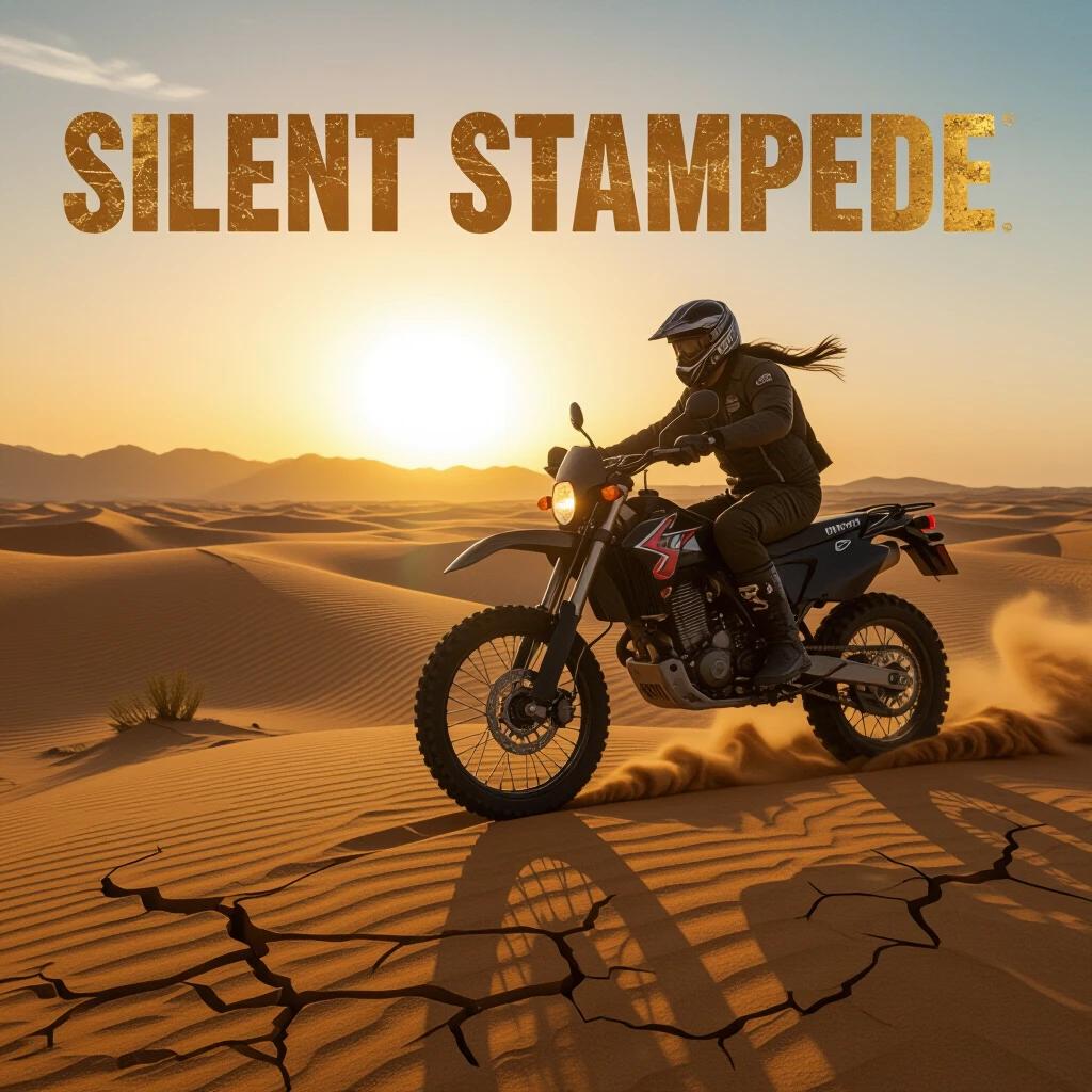 Motorcyclist performs a stunt on a sand dune during sunrise. Cracked desert landscape adds texture. Bold Western font above the scene emphasizes the theme. Dynamic motion captured.