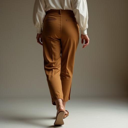 Portrait of a beautiful young European woman seen from behind focusing on her lower back and feet. She wears well-tailored earthy tone trousers that fit elegantly. The fabric shows subtle folds. Slim waist and graceful walking imply noble elegance. Soft natural lighting highlights her figure against a clean background.