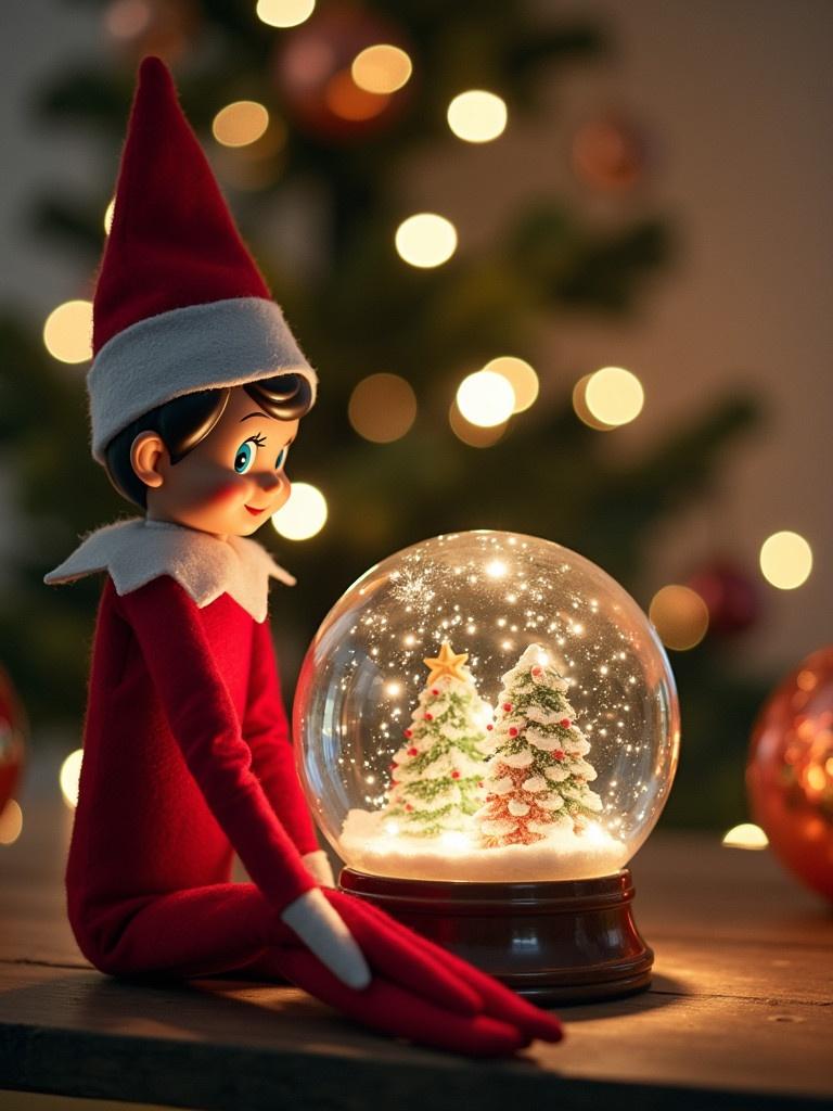 Elf on the shelf gazing into snow globe. The elf wears a red outfit with white accents. The snow globe contains small Christmas trees. A Christmas tree with lights forms the background. Atmosphere is festive and whimsical.