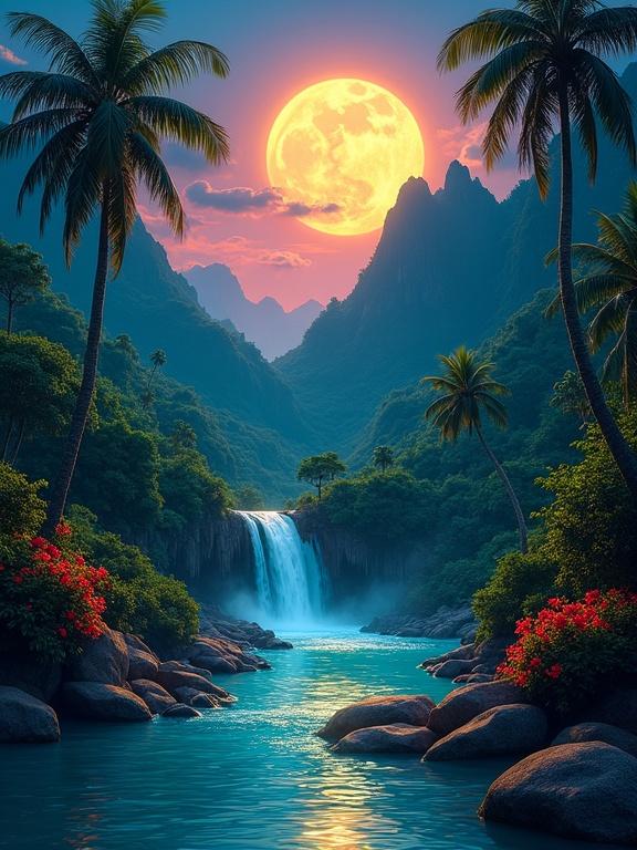 Mesmerizing tropical landscape at night featuring a waterfall flowing into turquoise river framed by palm trees with vibrant flowers. Rugged mountains rise in the background under a full moon sky with orange and purple hues.