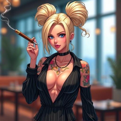 Anime illustration of a woman with blue eyes and light blonde hair styled in a high bun. She is sitting in a modern smoker's lounge. Tattoos decorate her arms. She wears a pinstriped dress and holds a cigar. The setting emphasizes luxury and modernity.