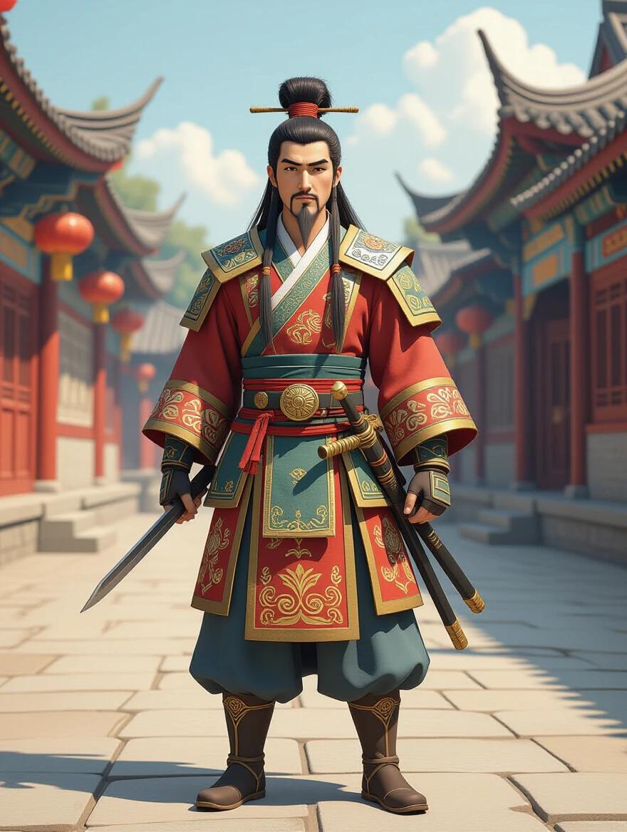 3D cartoon character in Chinese style standing full body view. Features traditional attire and accessories. Young adult male around 21 years old. Long hair styled in a top knot. Worn, pale complexion with rugged facial features. Tired appearance with cracked lips and rough skin.