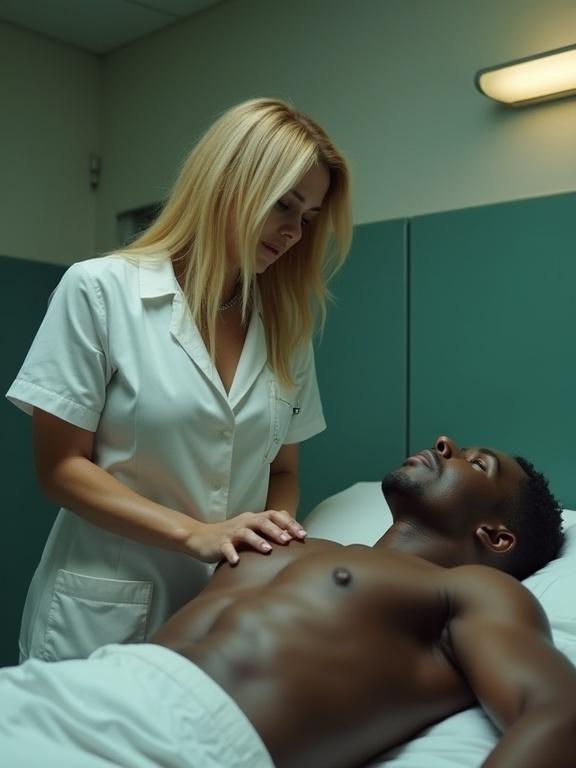 A blonde nurse in a medical setting attends to a shirtless Black patient. The nurse's attire is clinical, and they are engaged in a supportive interaction. The scene captures the essence of care in a clinical atmosphere.