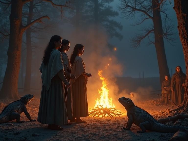 Create a hyperrealistic artwork of three women by a bonfire. They wear long skirts and shawls. One has a staff. The fire’s light illuminates their faces and creates shadows. The scene is set in a cold, starless night with tall, ancient trees in the background. Large lizards interact around the fire, and a mist is present on the ground.