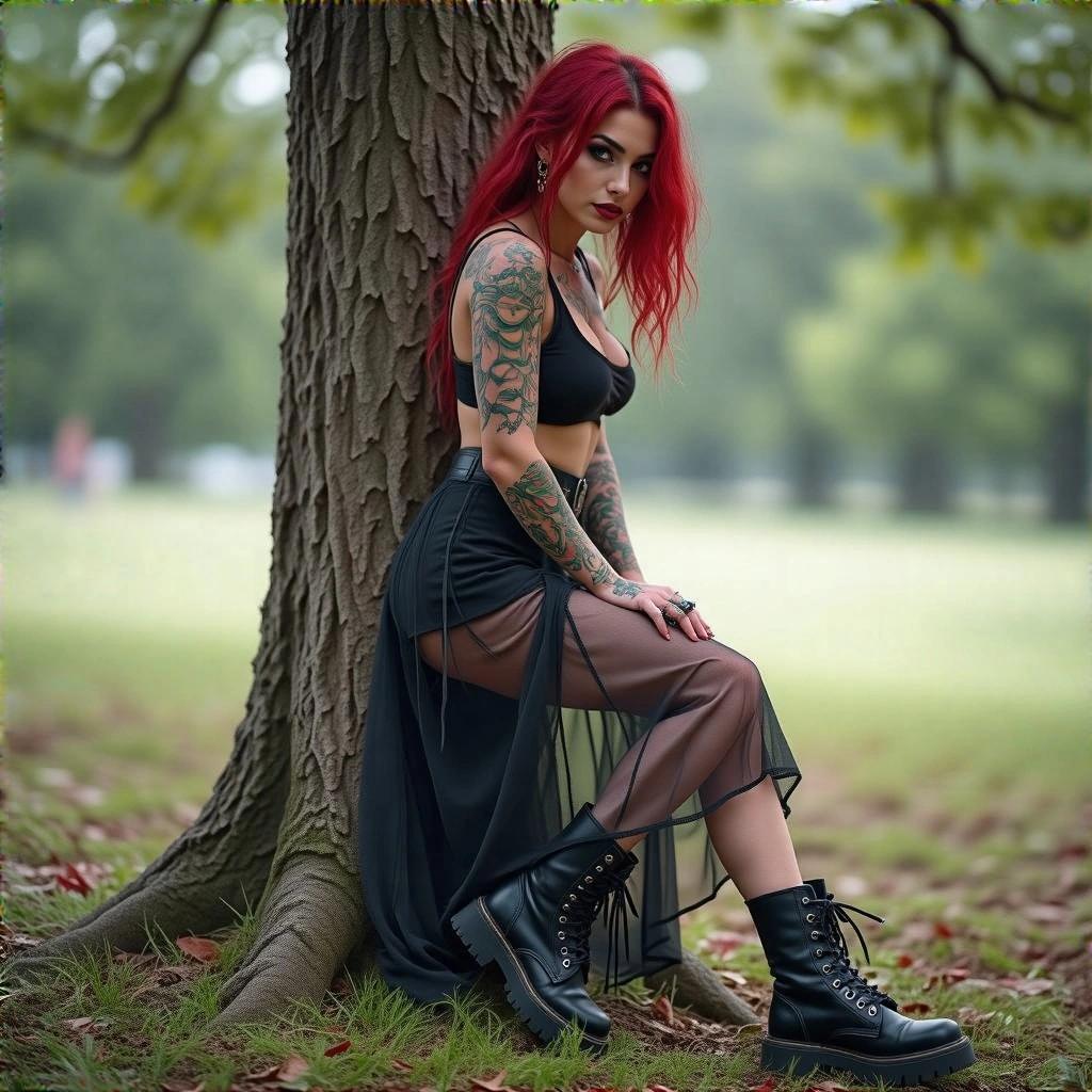 A woman with tattoos and red hair leans against a tree. She wears black combat boots and a sheer skirt. The scene is outdoors.