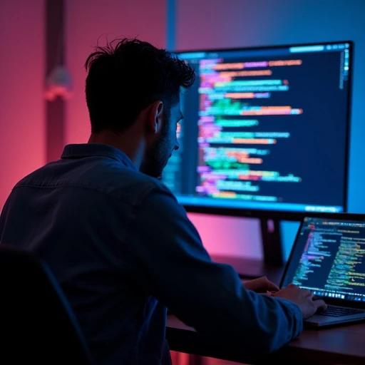 A man is focused on typing at a laptop on a desk. The background glows with colorful lights accentuating coding text. The atmosphere suggests a high-tech environment. The action signifies deep concentration in programming.