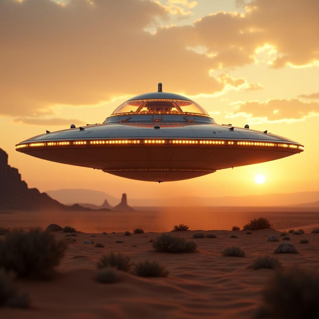 A sleek, futuristic flying saucer hovers gracefully above a vast desert landscape at sunset. The design blends 1950s retro-futuristic elements with advanced technology. It features a smooth, metallic exterior and glowing lights encircling its rim. The dome reveals intricate retro-style control panels. The sunset sky is awash in gold, orange, and pink hues, creating a cinematic backdrop.