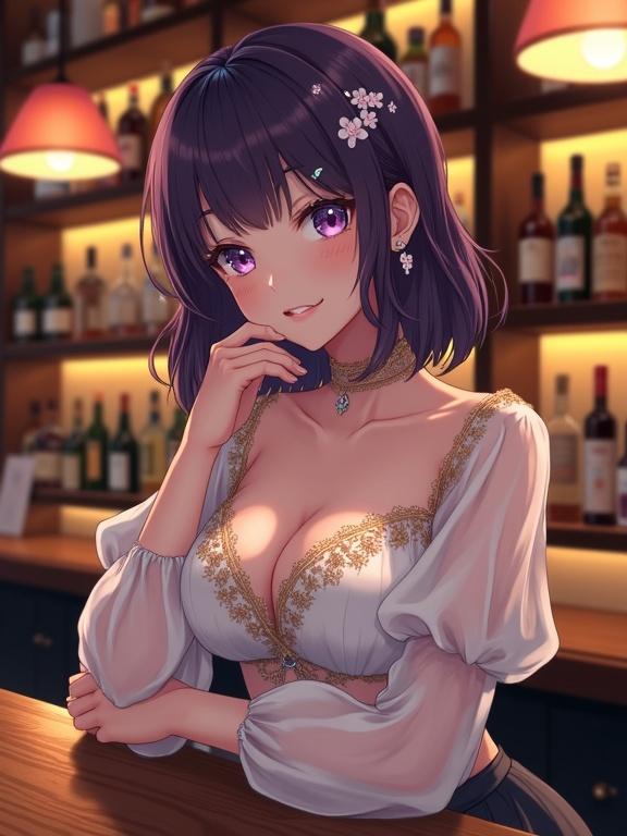 The image showcases a woman in an anime style. She has dark violet shoulder-length hair with bangs and decorative flowers. Her expressive light violet eyes and gentle smile create a pleasant appearance. She wears a white voluminous blouse with gold embroidery and a dark fitted skirt. Her earrings and necklace add elegance. The scene is set in a dimly lit bar with a wooden counter and shelves displaying various alcoholic drinks.