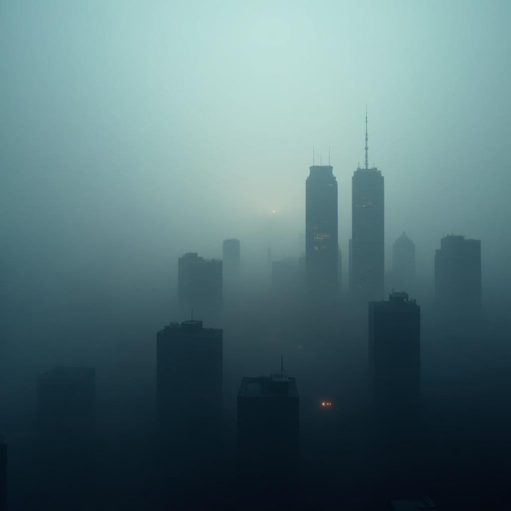 Cityscape covered in fog with tall buildings silhouetted