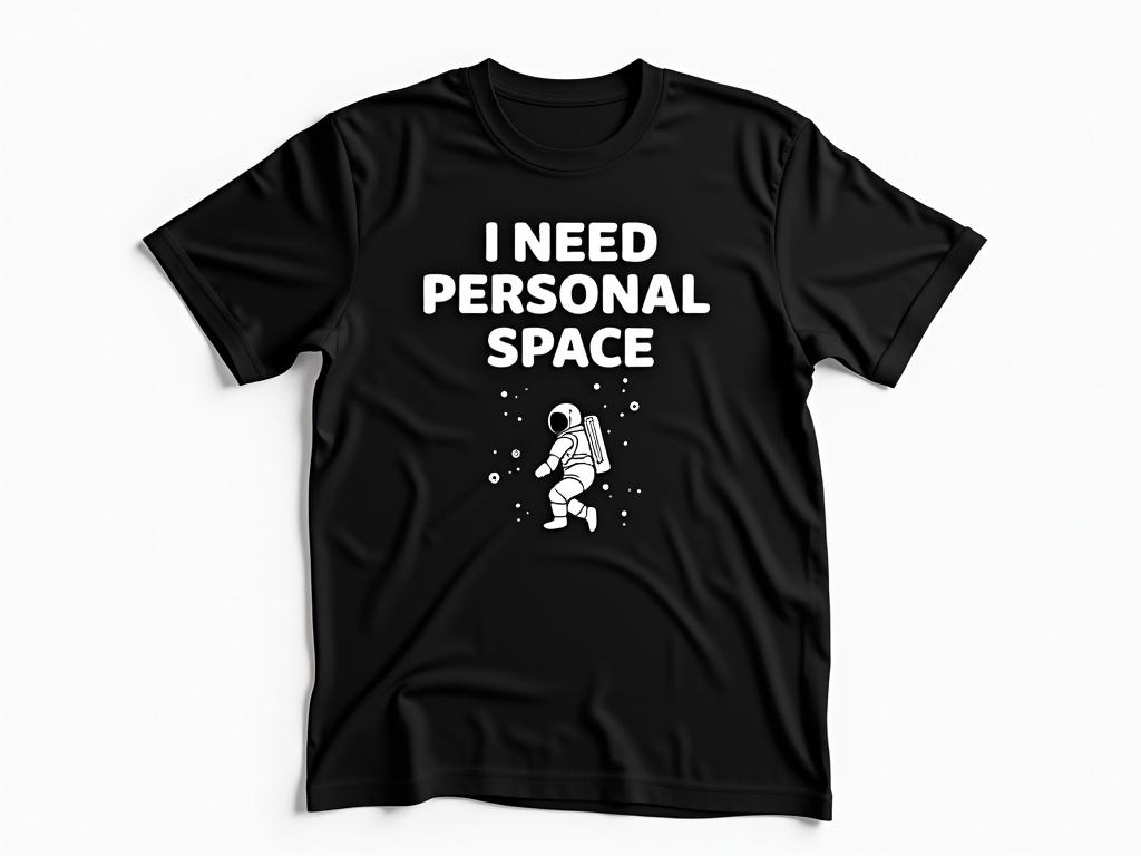 Black cotton t-shirt on a white background. White font reads I NEED PERSONAL SPACE. Small astronaut graphic between PERSONAL and SPACE. T-shirt's sleeves and collar presented clearly. Even lighting showcases text and graphic without shadows.