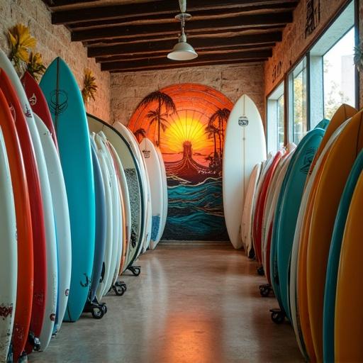 Surf shop named Underground located in Tenerife. Shop features second-hand surfboards arranged in a corridor. Mural shows a sunset over a volcano. Elements of surf culture with palm trees and vibrant colors. Surfer reflects the Underg style.
