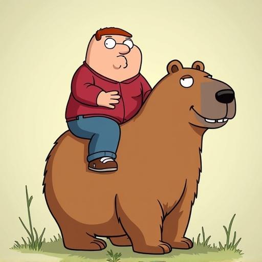 Cartoon character Peter Griffin is sitting on a cartoon bear. The bear is large and happy. The background is light and simple with some grass.