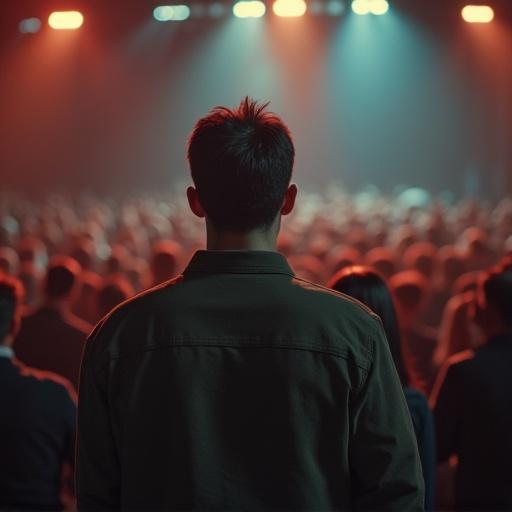 Image depicts a nervous and sweating man standing before a large crowd. The setting is dimly lit with a focus on the man from behind, showcasing the tension and fear of speaking in front of many people.