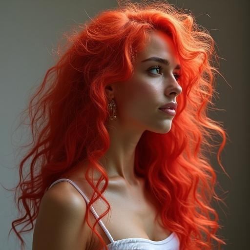 create a portrait of a woman with fiery orange hair and connected accessories. Focus on her expression and hair texture.