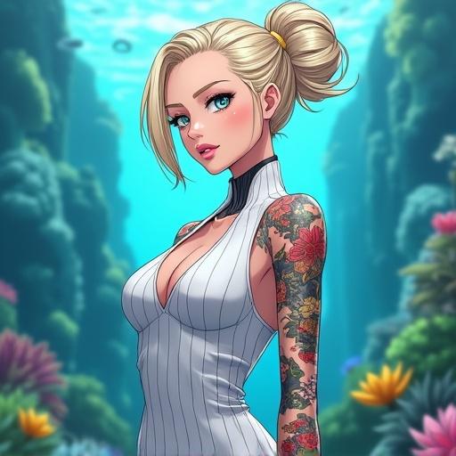 Anime character design depicting a woman with frosted blue eyes and a light blonde high bun. She wears a professional pinstriped dress and has colorful tattoos. The setting is a luxurious aquarium inside Kamakiri Industries building. Character has a confident expression with piercings and light pink lipstick.