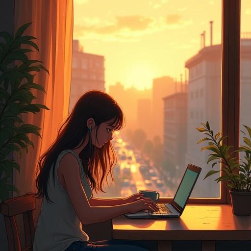 Lo-fi Pop style anime-style illustration. Young woman with long hair working on a laptop alone by the window in a cozy café. Late afternoon scene with soft, warm sunlight on her face and the wooden table. She wears earphones, sipping coffee, hair stirring in a gentle breeze. City outside glows during golden hour. Cinematic composition with a sense of calm and solitude.