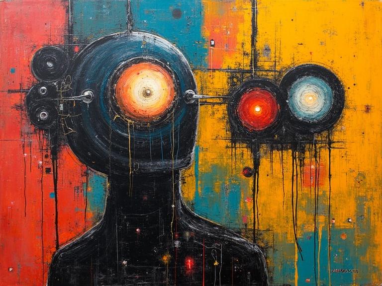 A vibrant neo-expressionist painting with a human figure and abstract circular features representing identity. Bold colors and drips create a striking visual.