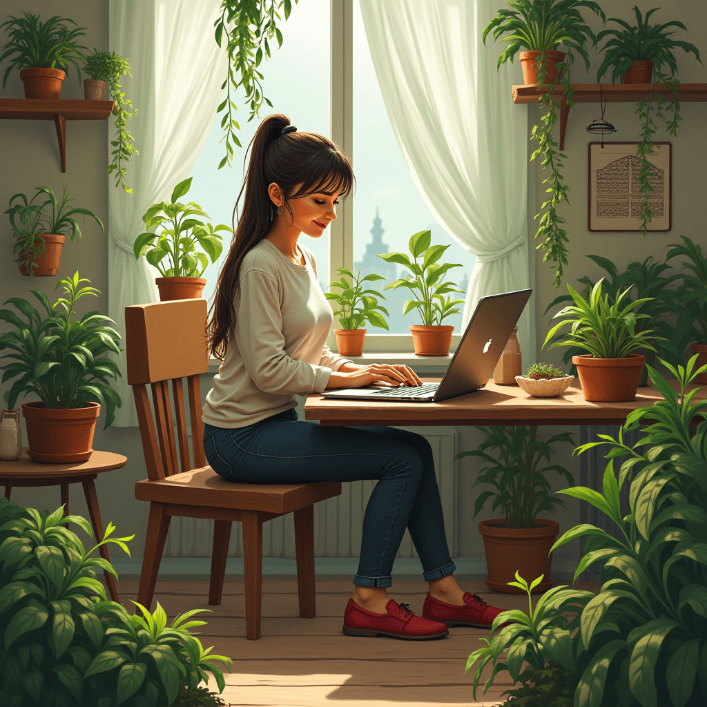 A woman sits at a wooden table with a laptop surrounded by lush indoor plants, enjoying sunlight through a large window.