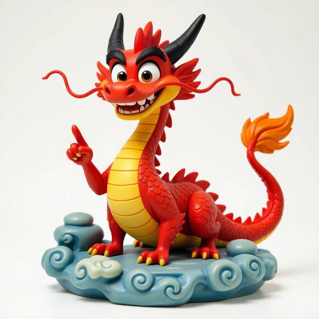 Slender elongated stylized red dragon with mischievous expression and confident smile. Inspired by Mushu from Mulan. Collectible resin figure with detailed sculpture on oriental decorative base. Features curved horns yellow belly long wavy tail. Glossy finish dynamic pose one hand raised other pointing. Realistic cartoon style smooth texture no floating parts. Front lighting to highlight vivid colors.