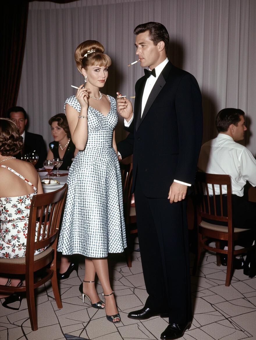 Image of a woman and a man at a 1950s party. Woman has beehive hairstyle wearing a checked cocktail dress. Man is dressed in a tuxedo. They hold cigarettes. The setting includes a dining area full of people.