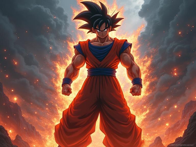 Full-body depiction of a legendary Super Saiyan character in an action pose. Intense energy emanates from the background. Character has spiky black hair and orange attire with blue accents. Dark and dramatic setting enhances the visual impact.