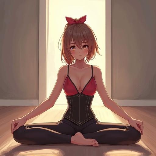 Young woman performing a stretch in splits position. Character features an anime style. She wears a tight black corset and a red top.