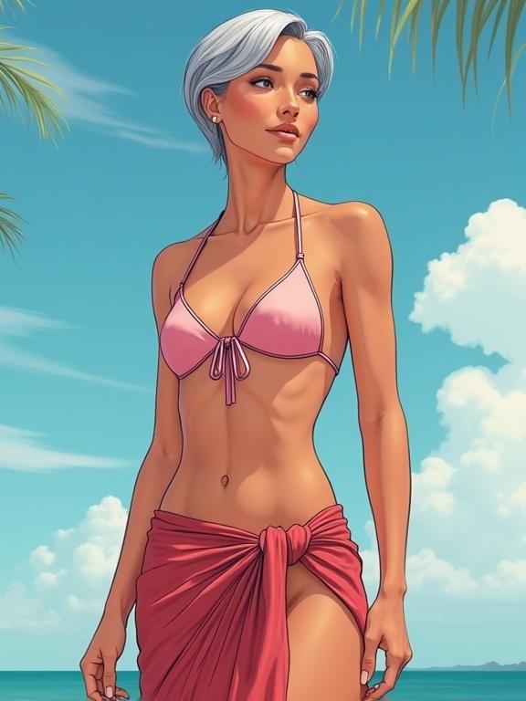 Illustration of a mature woman with short grey hair wearing a pink bikini and a sarong. She has a toned body with visible abs. The background features a bright blue sky with fluffy clouds.