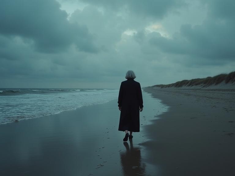 Solitary elderly woman walking along windswept beach at dusk. Moody grey sky and distant dunes create an evocative atmosphere.