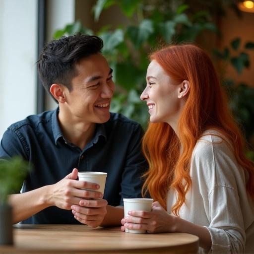 An Asian man with short hair and a Caucasian woman with long ginger hair are sharing a moment drinking coffee.