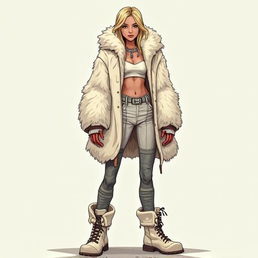 Post apocalyptic blonde girl in a white fur coat with a crop top and boots standing confidently. Character drawn in a Borderlands artistic style.