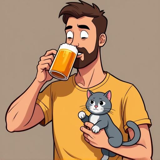 Cartoon image of a man sipping beer. He wears a t-shirt and holds a small kitten. Cheerful expression on his face. Background is simple and light.