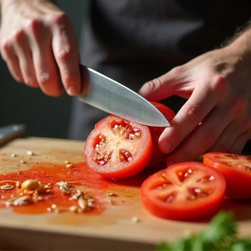 Chef slices ripe tomatoes with a sharp knife. Juicy tomatoes on a wooden cutting board. Sunlight highlights textures and colors. Seeds and juice visible on the board.