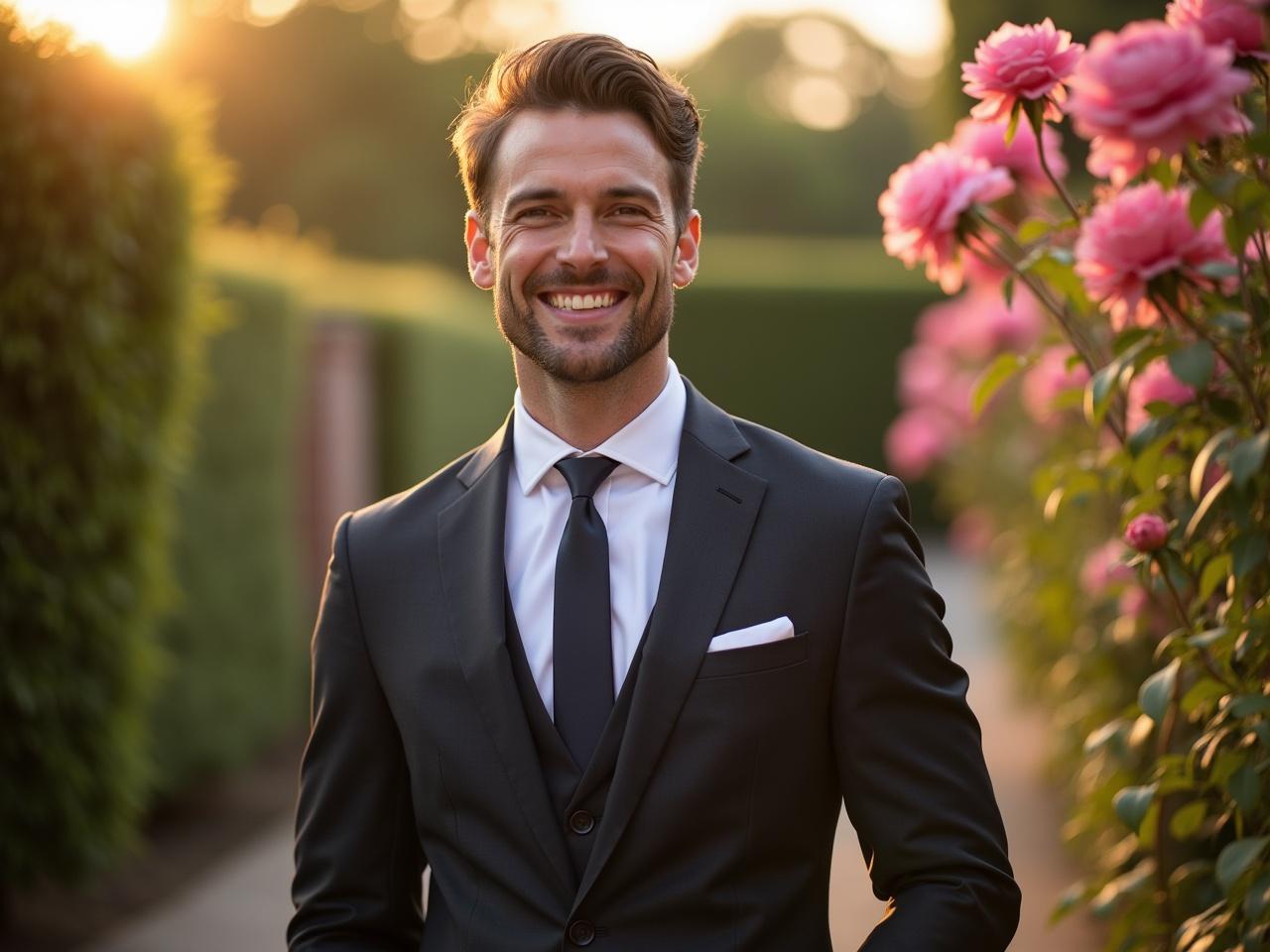 A groom stands confidently in a well-fitted suit amidst a beautiful garden setting. The warm glow of the golden hour highlights the lush greenery and blooming roses around him. He has a slight smile, exuding charm and elegance. His attire is complemented by a tie and pocket square, adding a touch of sophistication. The scene conveys a romantic and joyful atmosphere, perfect for a wedding setting.